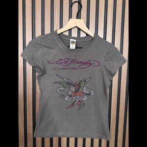 Ed Hardy T Shirt Medium Womens Gray Y2K Rhinestone Basic Tee